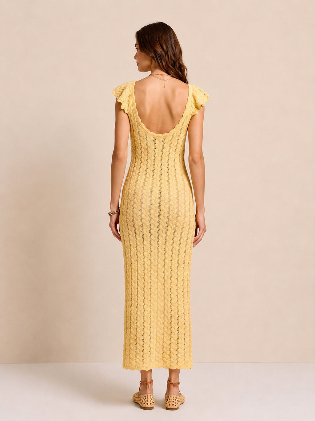 Yellow Cotton-Linen Knit Midi Dress – V-Neck with Ruffle Sleeves
