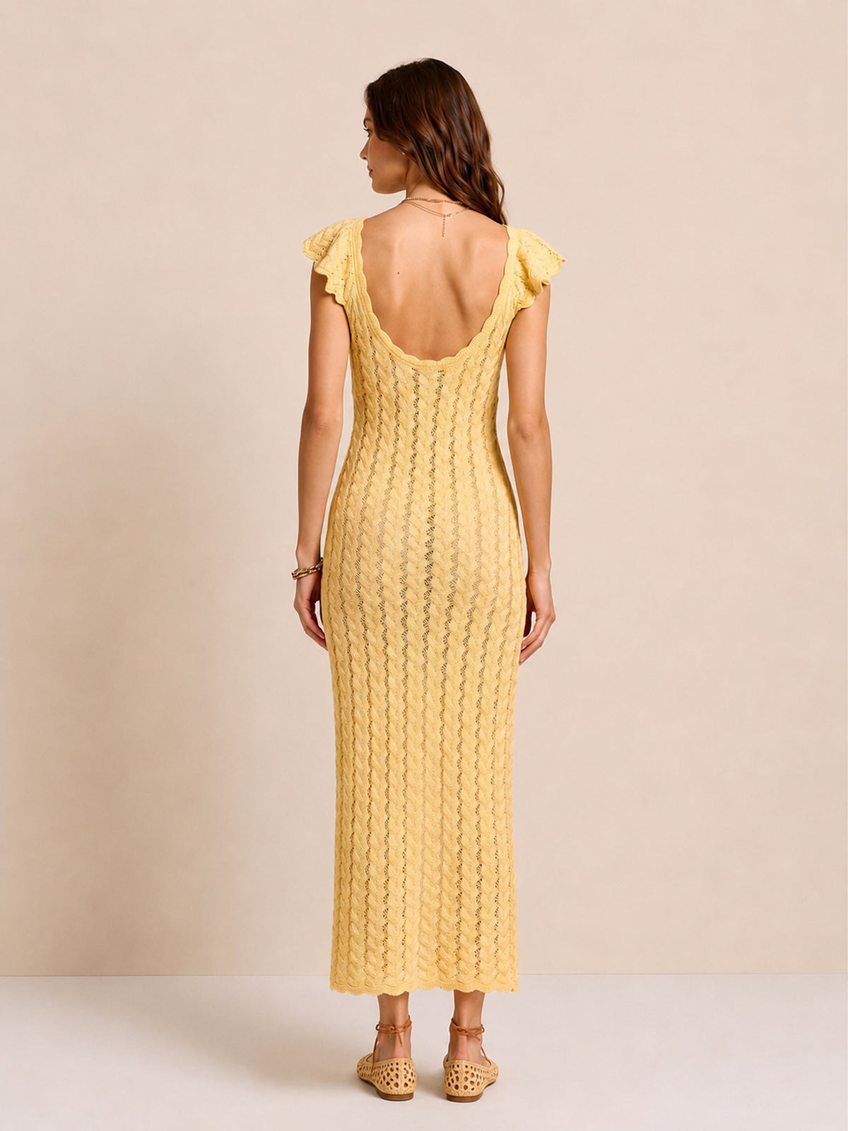 Yellow Cotton-Linen Knit Midi Dress – V-Neck with Ruffle Sleeves