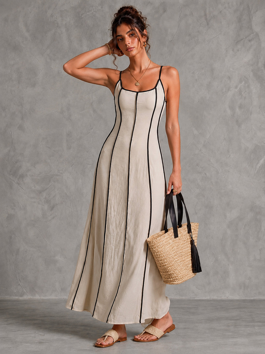 Contrast Trim Tie Back Maxi Dress