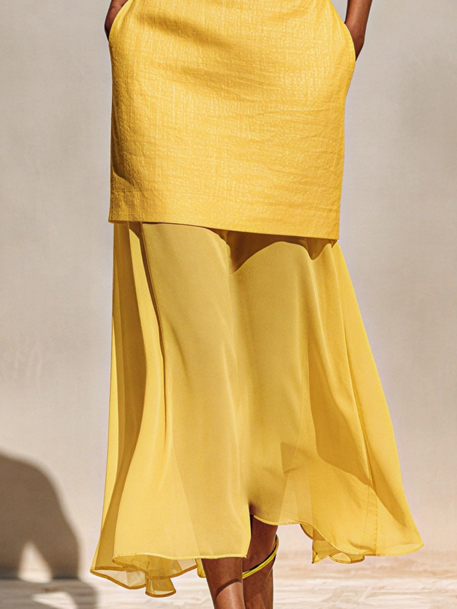 Linen Chiffon Layered Midi Dress with Straps and Side Pockets