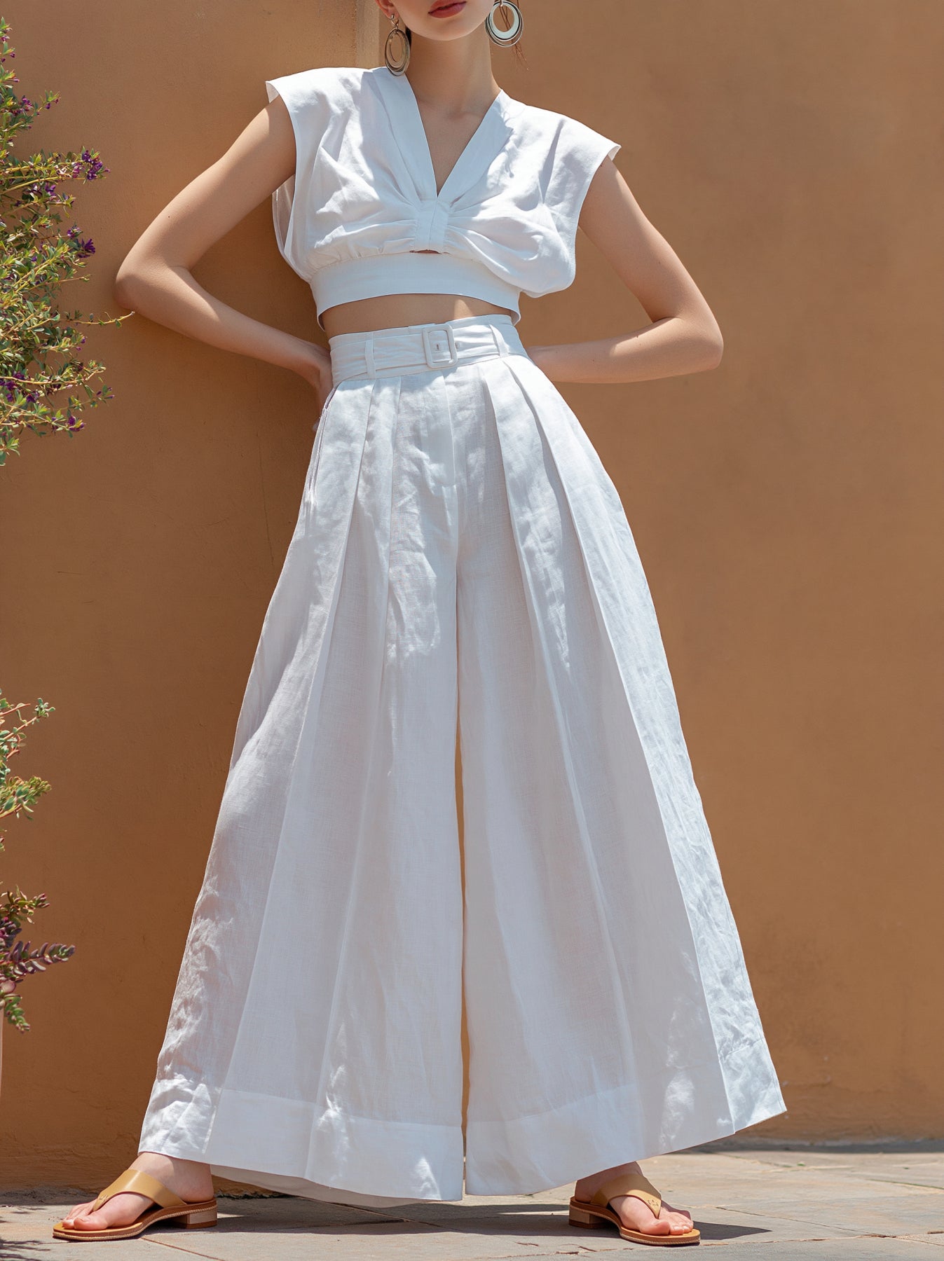 Lineno Cotton Blend High-Waisted Wide Leg Pants for Women Summer Casual Loose Fit Pleated Trousers