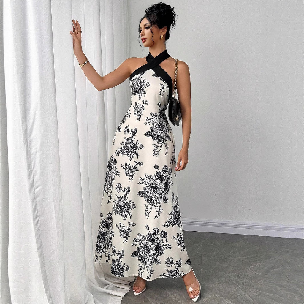 Floral Print Halter Neck Slim Fit Maxi Dress