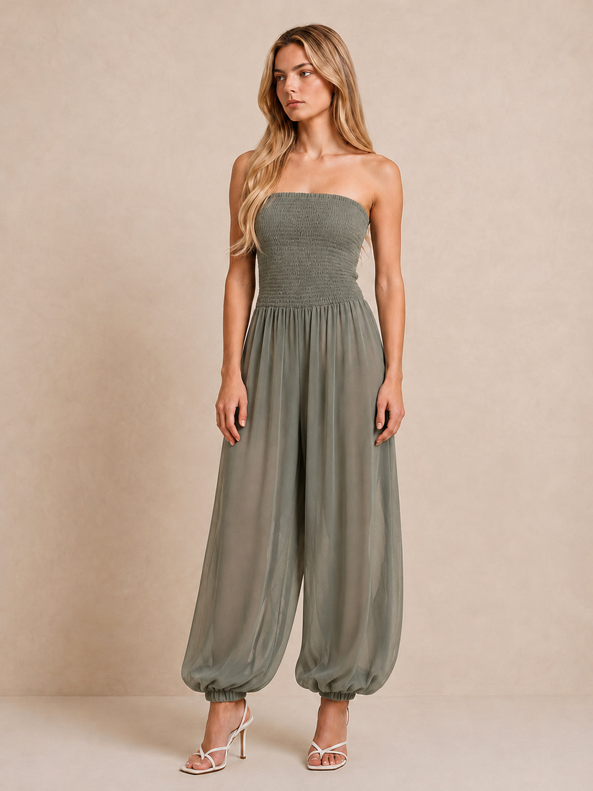 Strapless Smocked Wide Jumpsuit