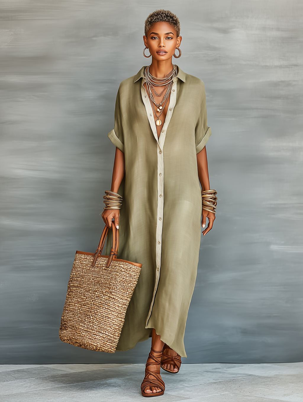 Linen Long Shirt Dress for Women - Flowy Maxi Dress with Button Front and Roll-Up Sleeves