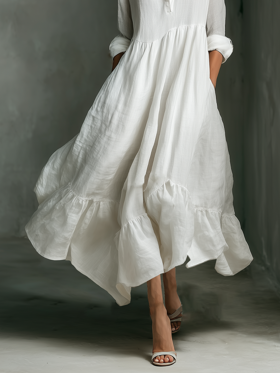Linen Long Sleeve Maxi Dress with Ruffle Hem and Button Down Collar