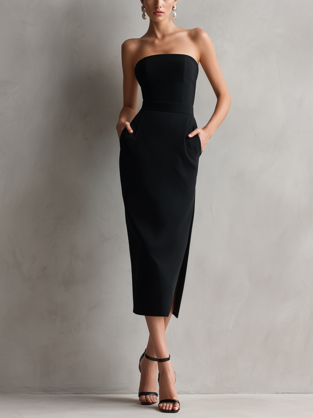 Elegant Black Crepe Strapless Midi Dress with Side Slit and Pockets