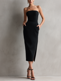 Elegant Black Crepe Strapless Midi Dress with Side Slit and Pockets