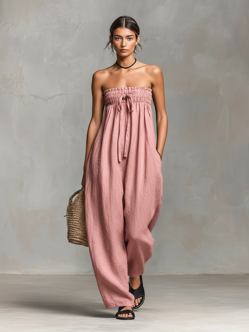 Linen Strapless Maxi Dress for Women - Boho Wide Leg Jumpsuit with Drawstring Waist and Side Pockets