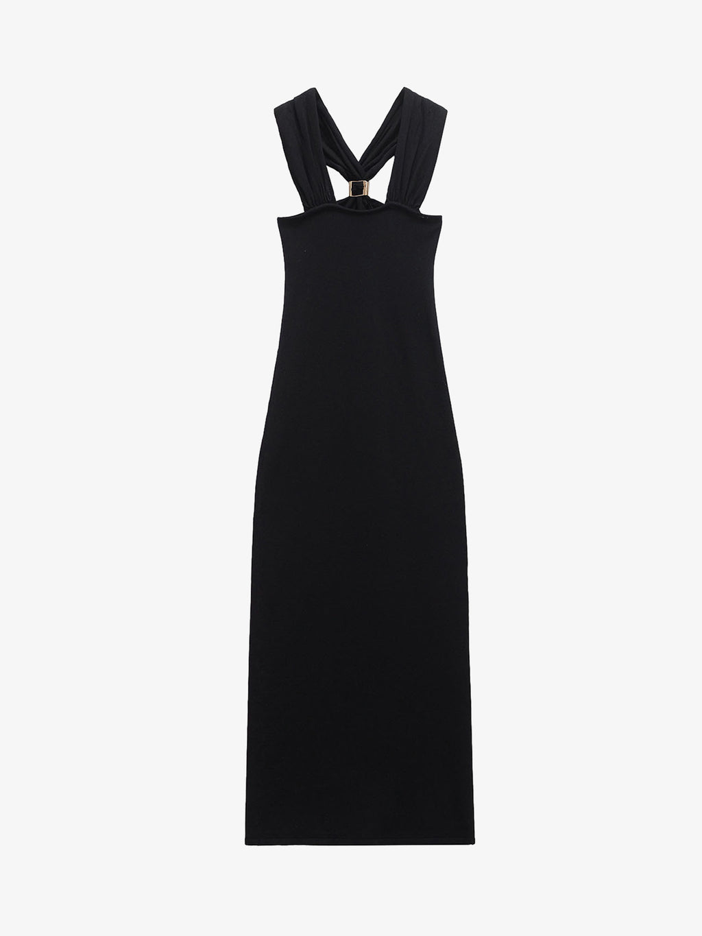 Black Halter Neck Buckle Midi Dress