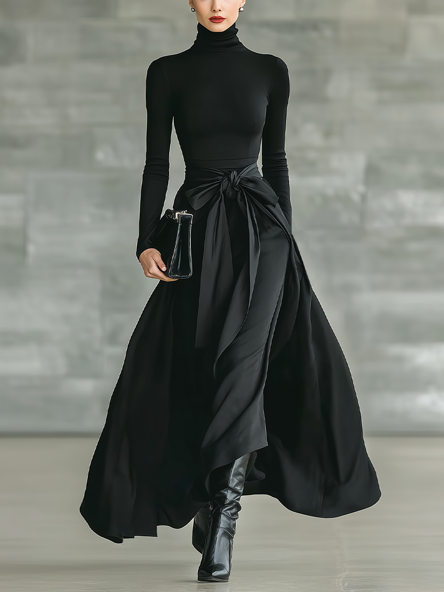 Silk Satin High-Low Maxi Skirt with Bow Belt and Turtleneck Top Set