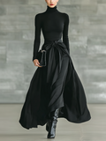 Silk Satin High-Low Maxi Skirt with Bow Belt and Turtleneck Top Set