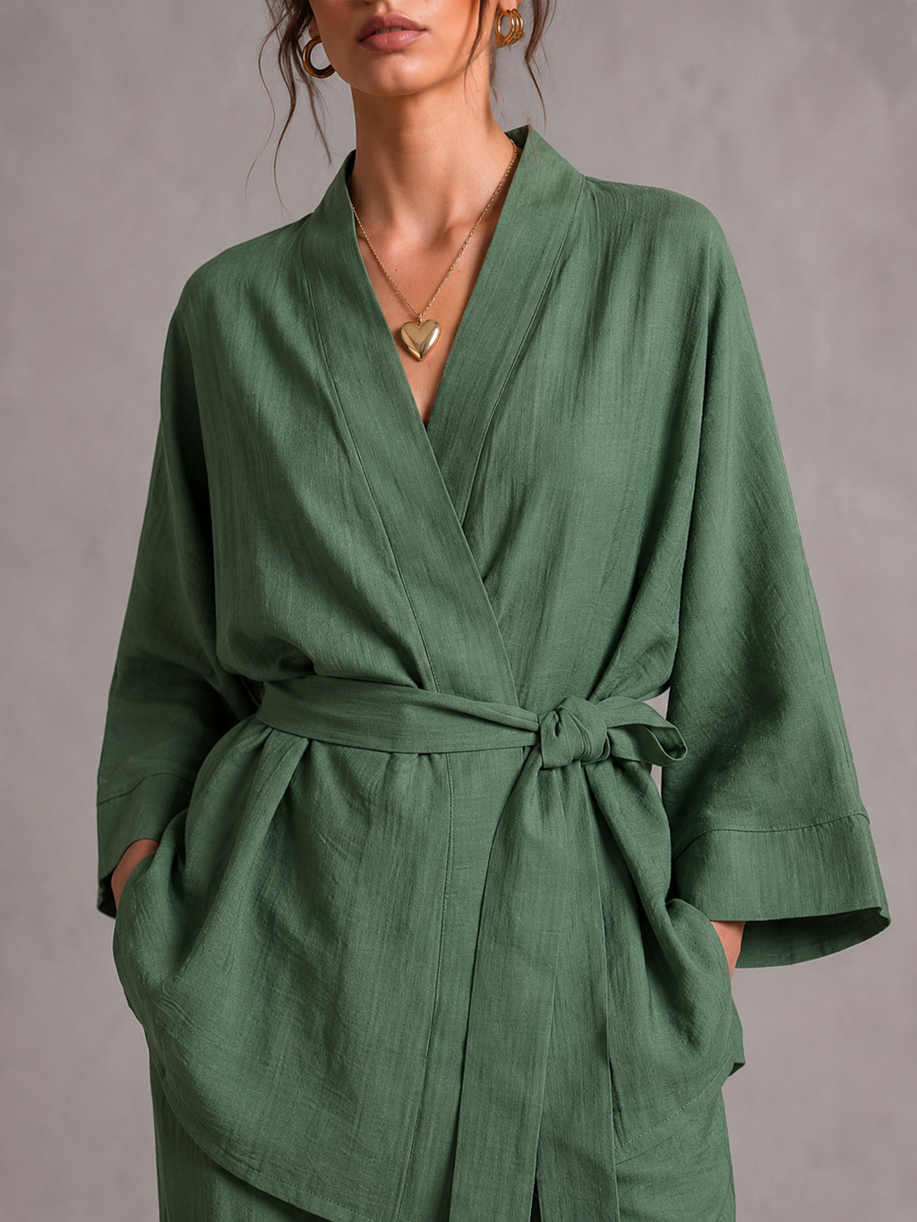 Green Linen Wrap Top & Wide-Leg Pants Set