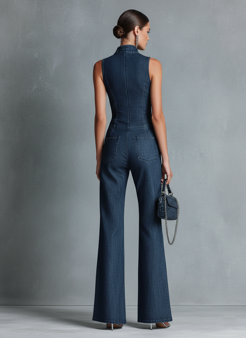 Denim Sleeveless Wide-Leg Jumpsuit with Front Zipper and High Neck Design