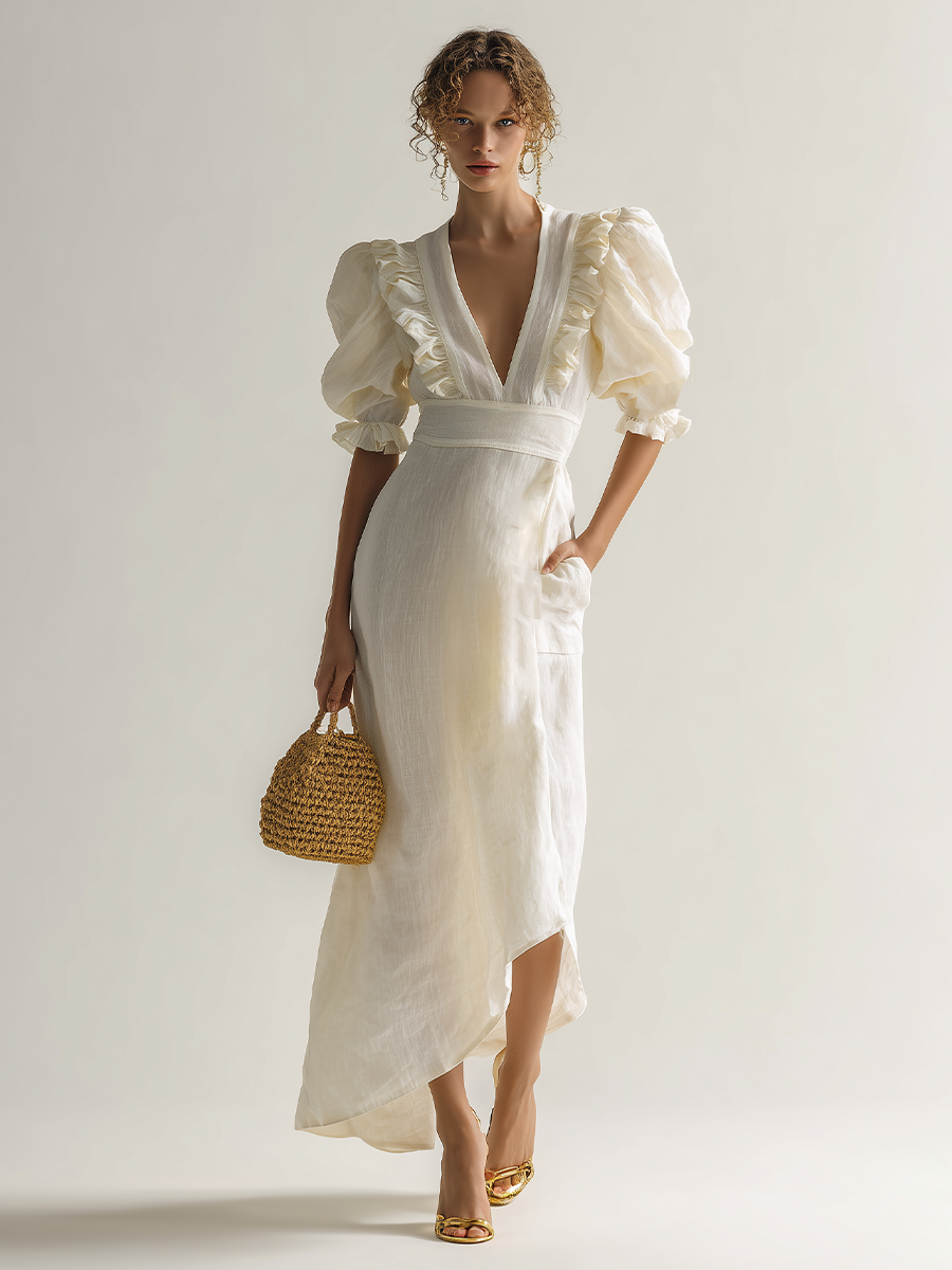 Linen V-Neck Wrap Midi Dress with Puff Sleeves and Ruffle Details