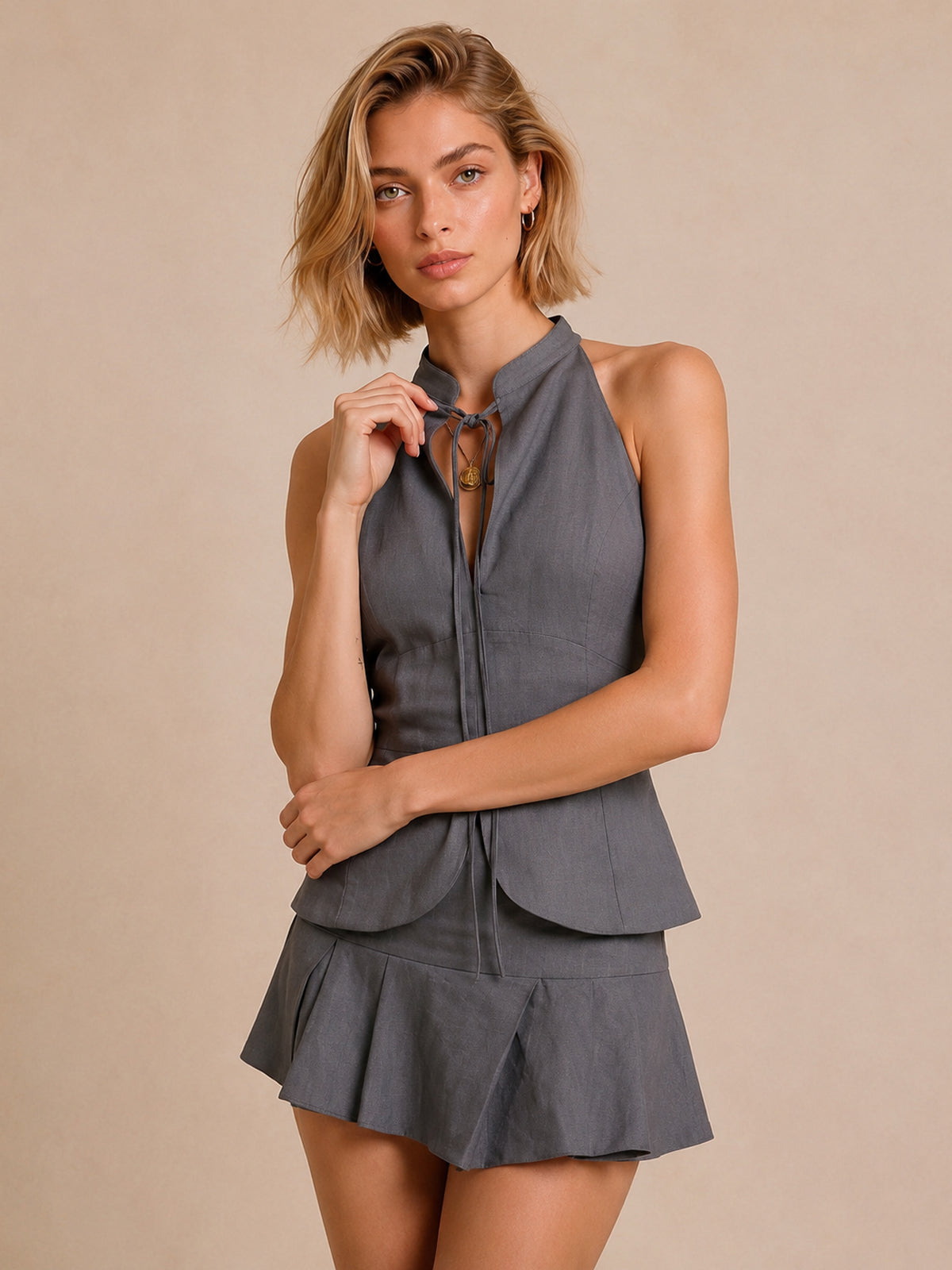 Grey Linen-Blend Halter Neck Pleated Mini Dress with Tie Detail