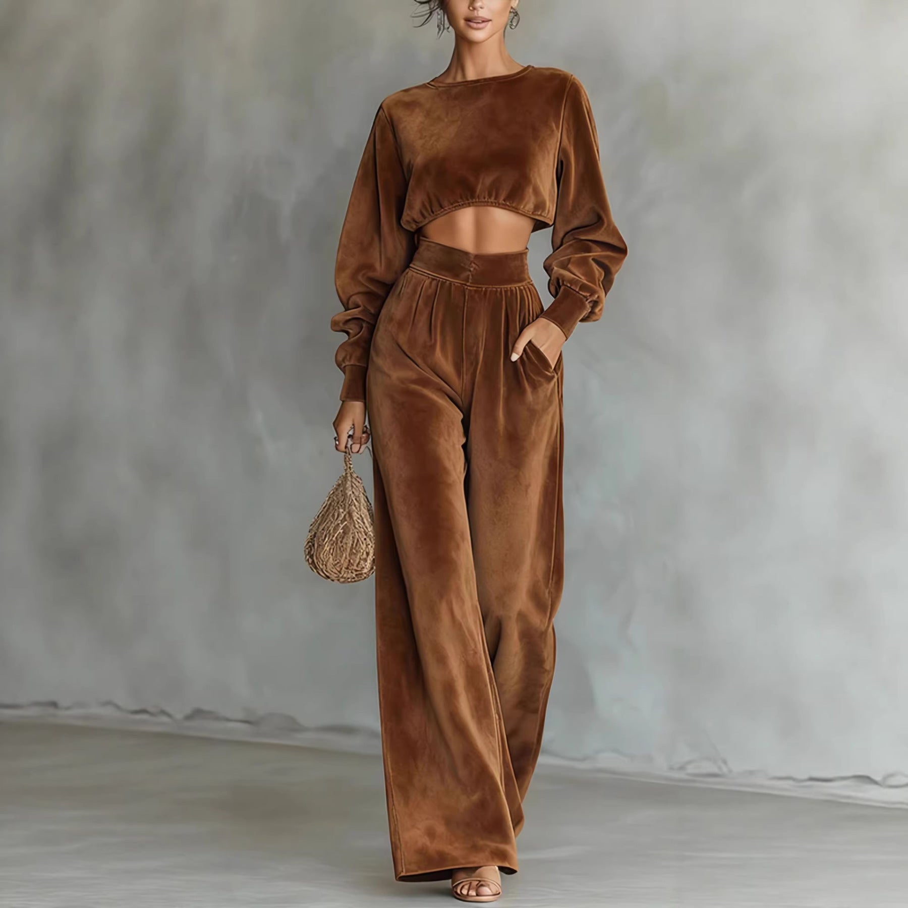 Velvet Cropped Top Wide Leg Pants Set