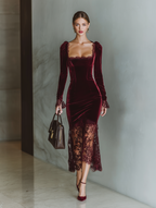 Robe midi en dentelle de velours à manches longues et encolure carrée pour femme, élégante robe de soirée