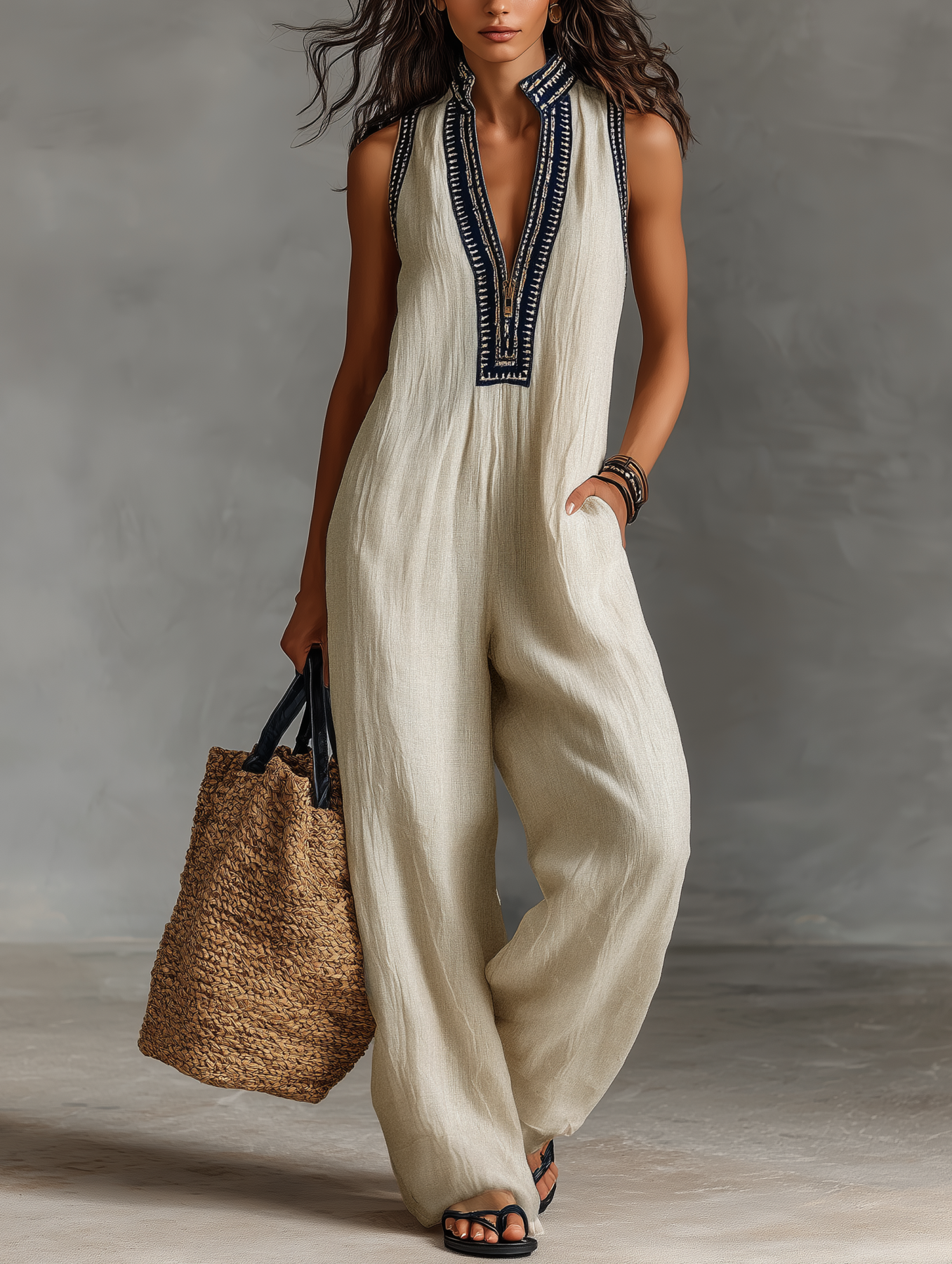 Sleeveless Embroidered V Neck Loose Wide Leg Jumpsuit