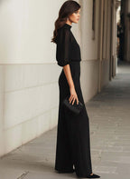 Schwarzes Chiffon-Top und weit geschnittene Hose Dreiteiliges Set