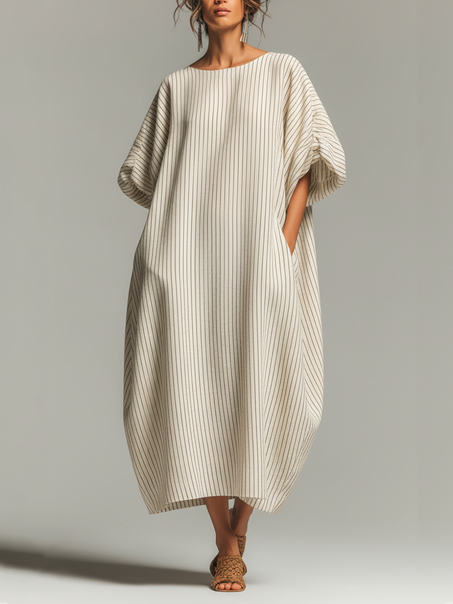 Cotton Linen Striped Loose Fit Maxi Dress with Wide Sleeves and Side Pockets
