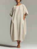 Cotton Linen Striped Loose Fit Maxi Dress with Wide Sleeves and Side Pockets