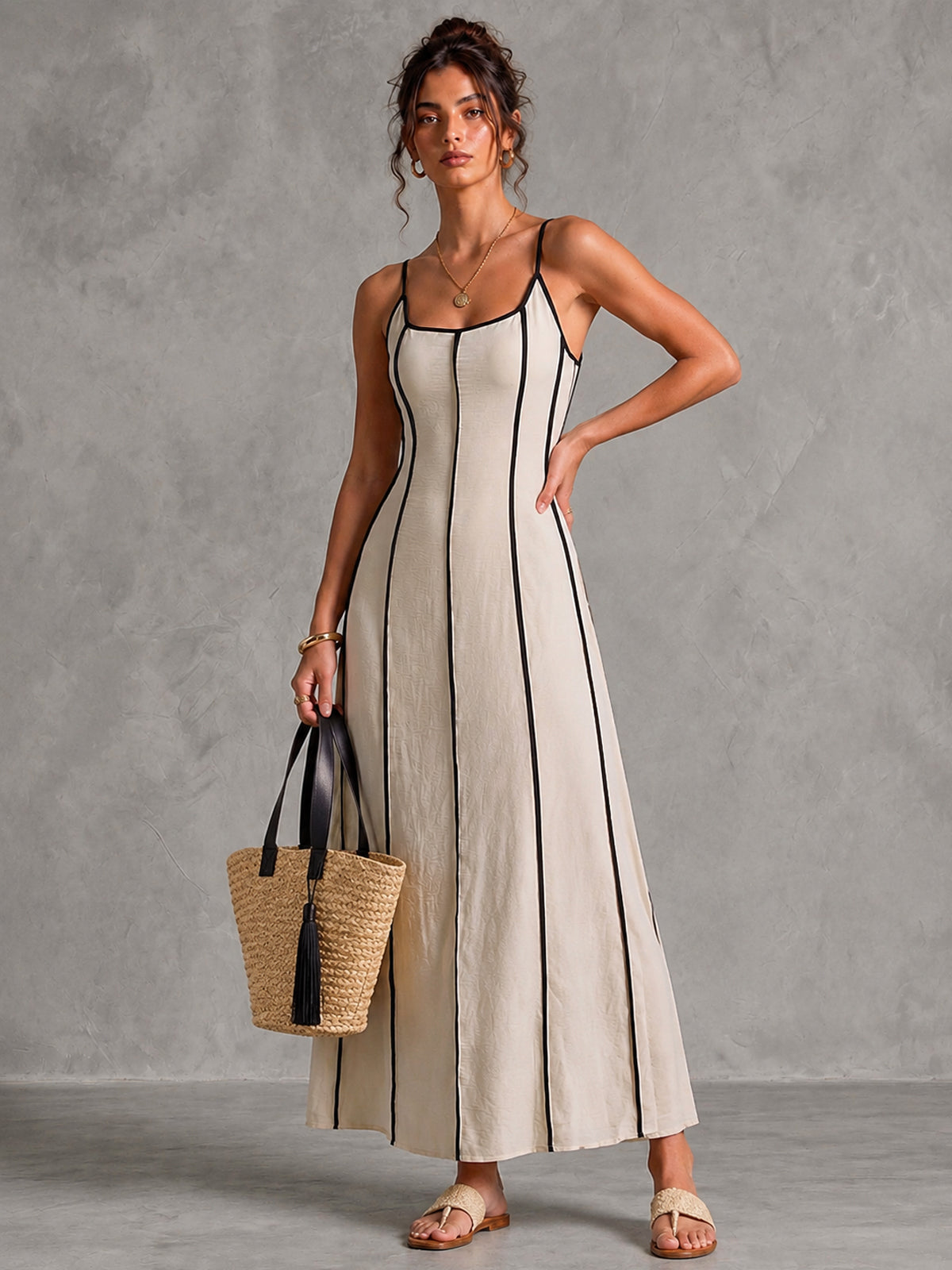 Contrast Trim Tie Back Maxi Dress