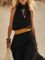 Black Chiffon Halter Neck Loose Yellow Fitted Waist Sleeveless Maxi Dress