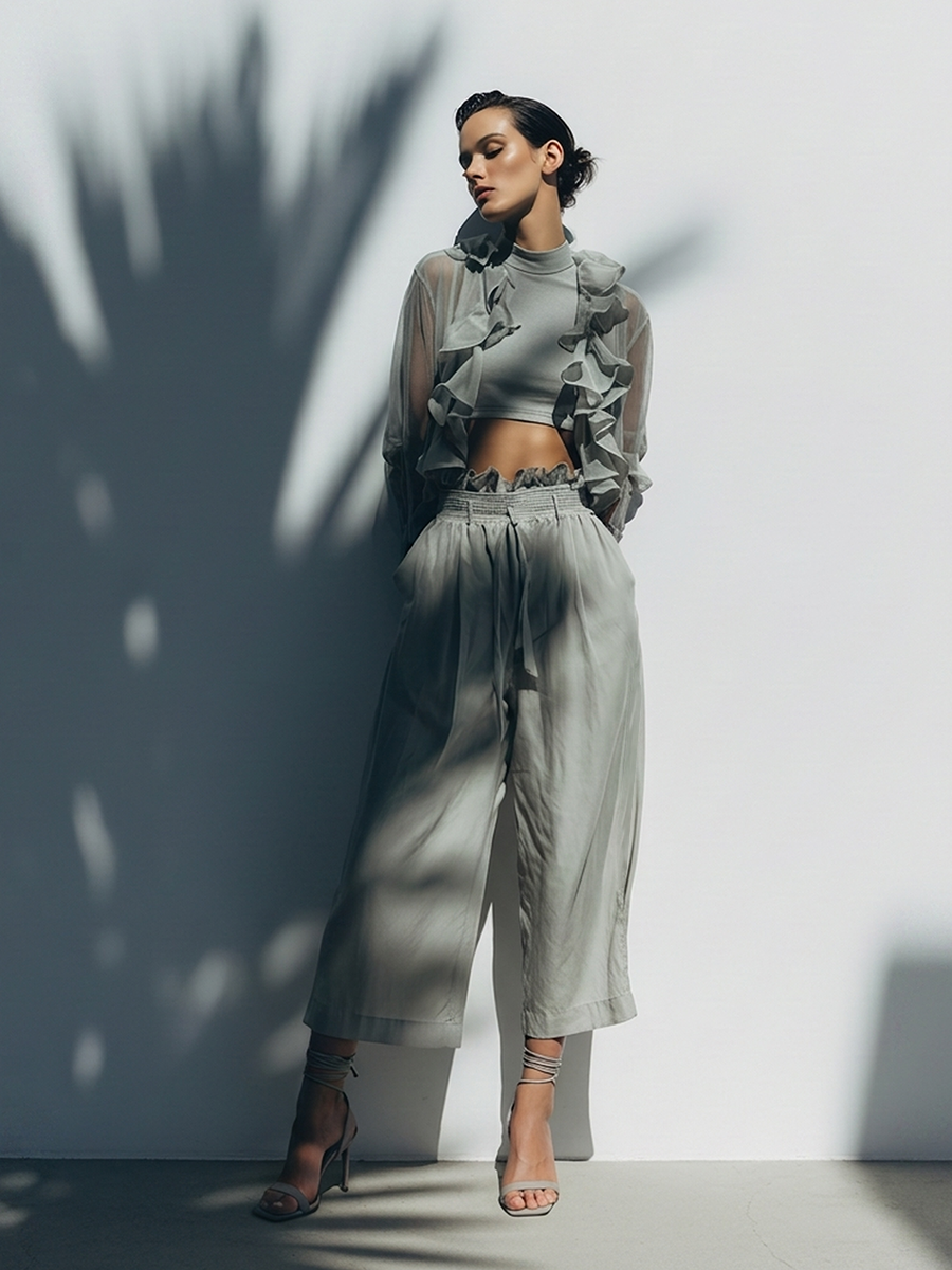 Sheer Ruffle Overlay Crop Top & Wide Leg Trousers Set in Light Grey Silk Blend