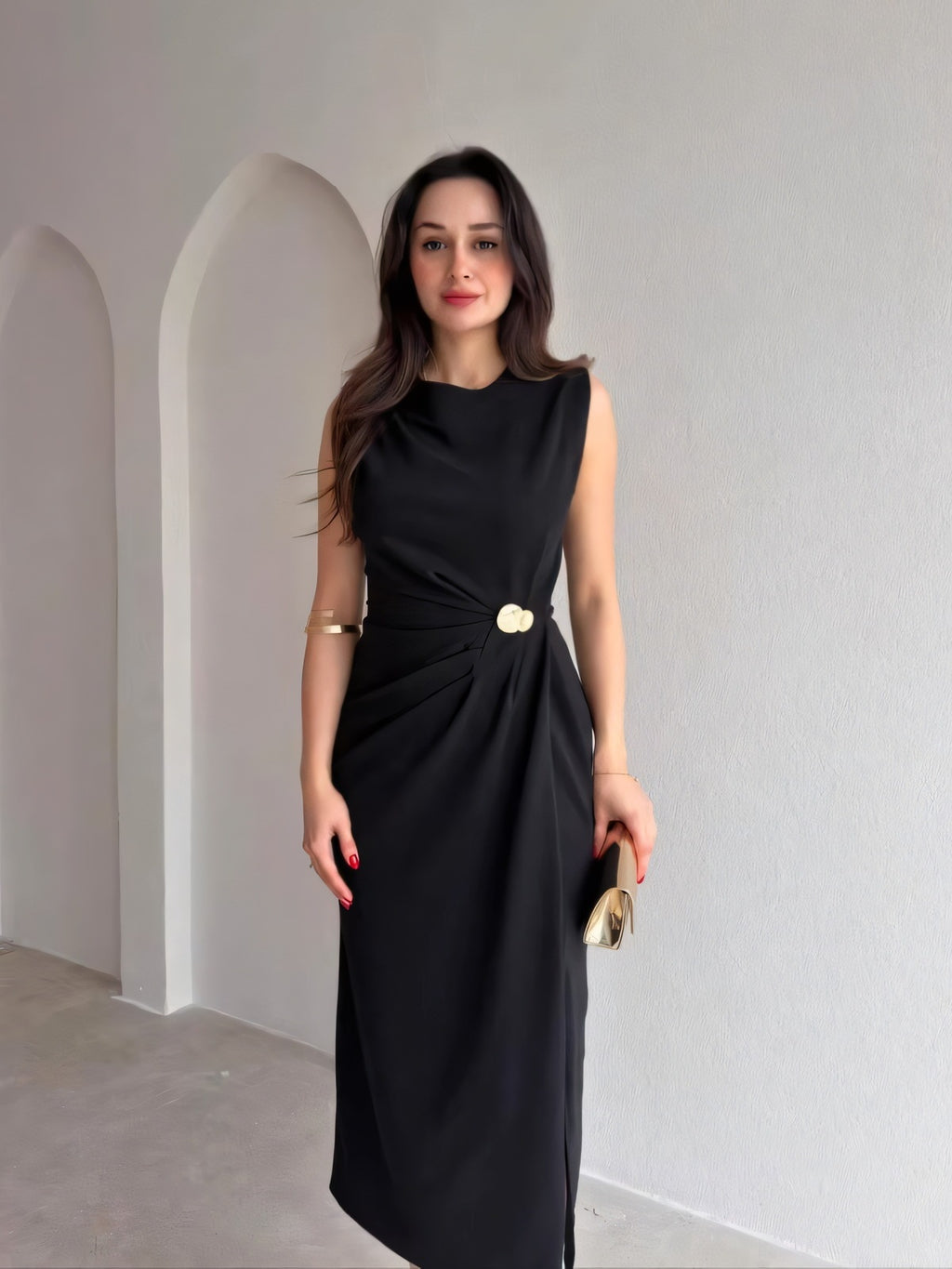Metal Buckle Fitted Midi Dress