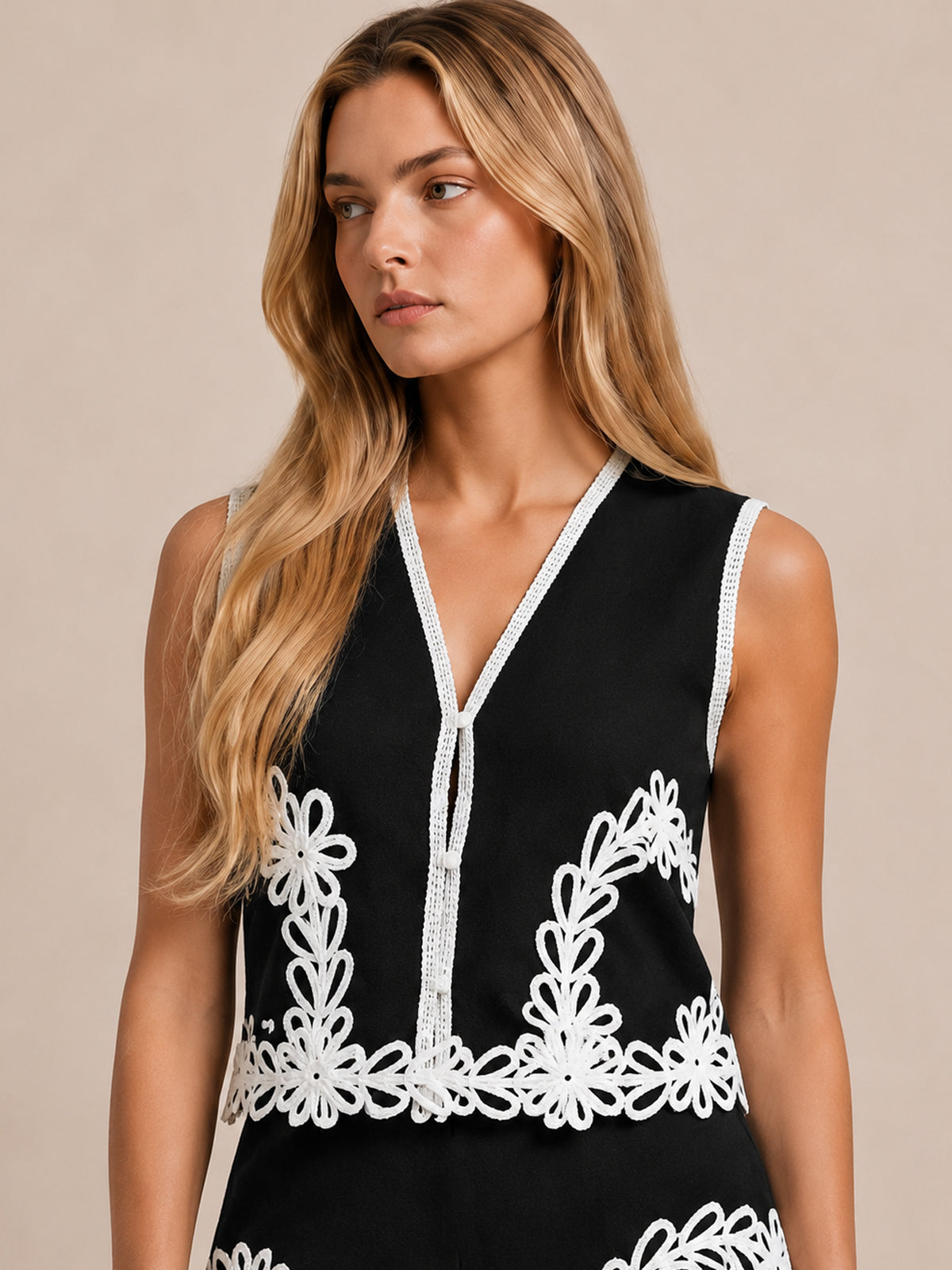 Lace-Trimmed Color-Block Vest Set