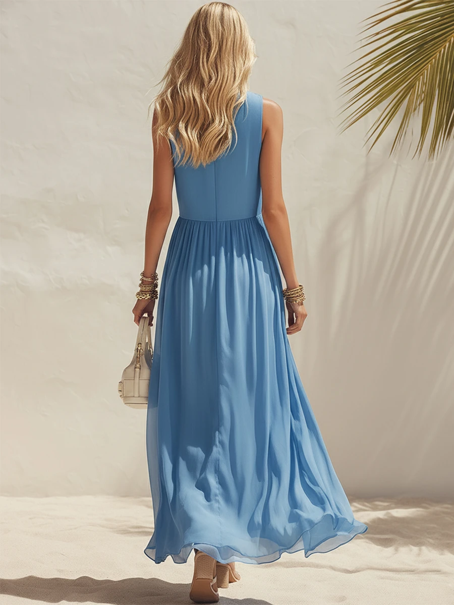 Sky Blue Chiffon Pleated Maxi Dress