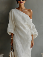 Robe longue en lin à une épaule, élégante, drapée, asymétrique, fluide, pour femme