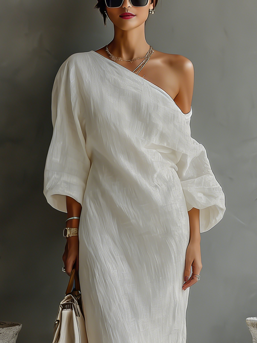 Linen One Shoulder Maxi Dress Elegant Draped Asymmetric Flowy Long Summer Dress for Women