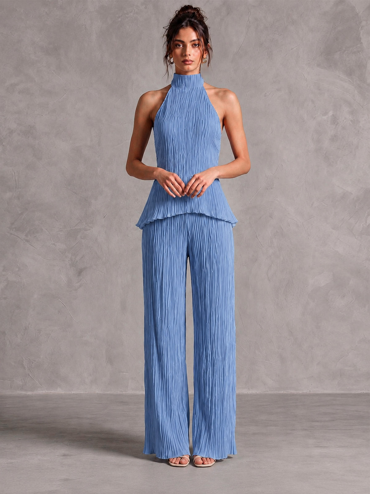 Pleated Co-Ord Set – Halter Top & Wide-Leg Pants