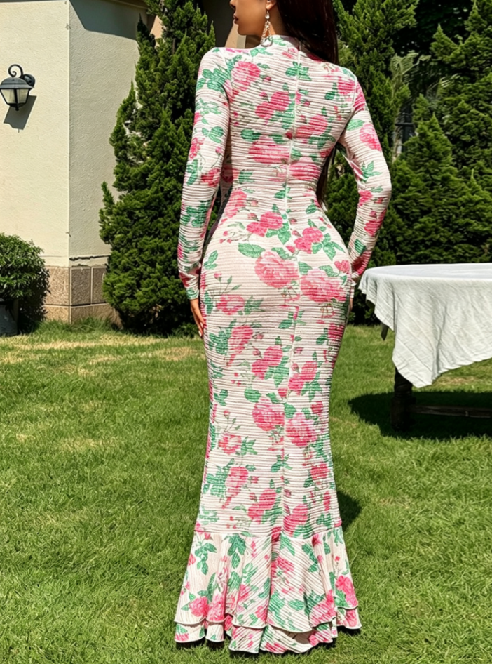 Elegant Printed Long Sleeve Maxi Dress