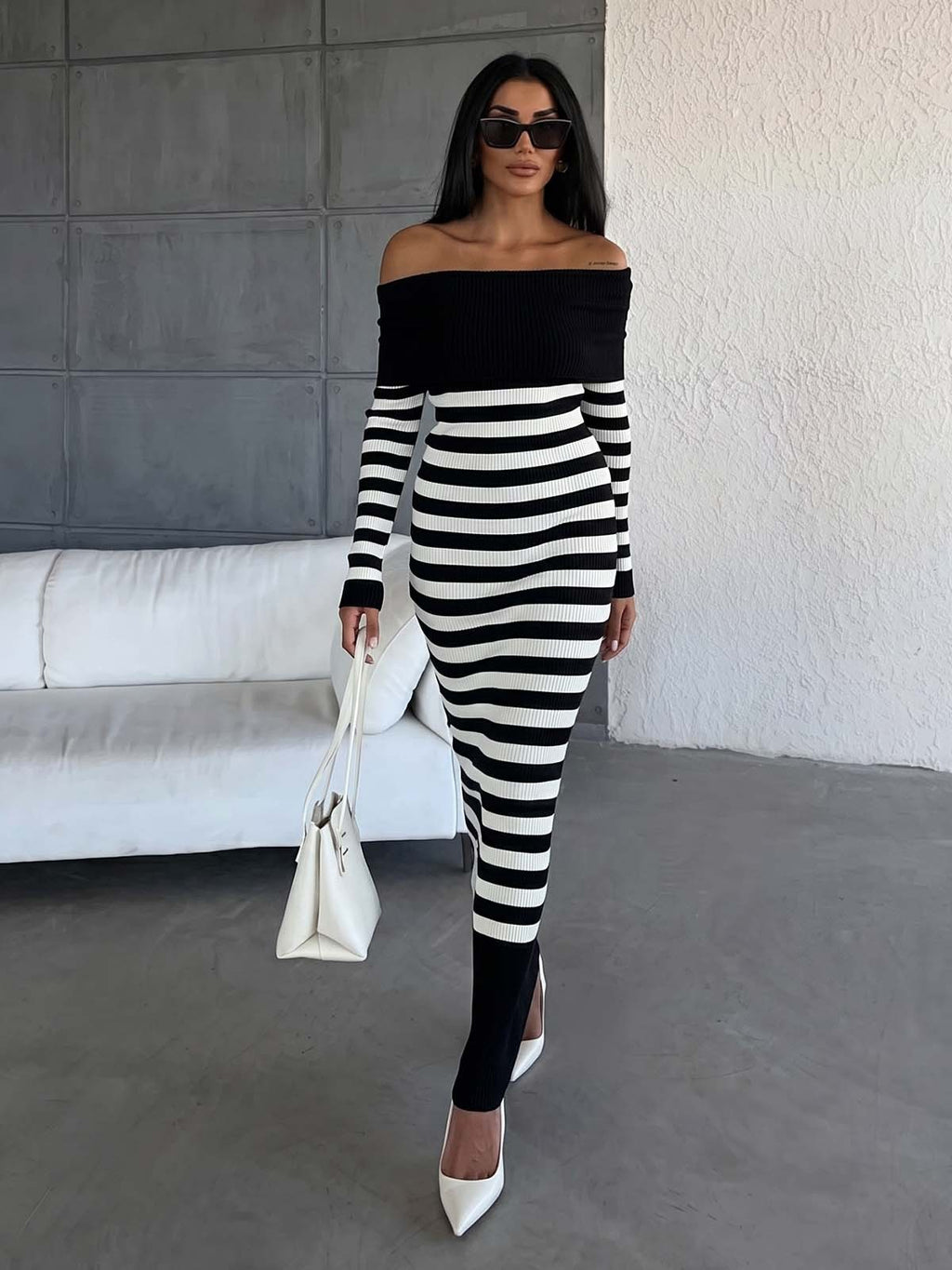 Off-Shoulder Stripe Midi Dress – Ribbed Knit Bodycon Slim Fit Casual Dress