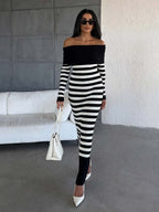 Vestido midi de rayas con hombros descubiertos – Vestido casual ajustado de punto acanalado