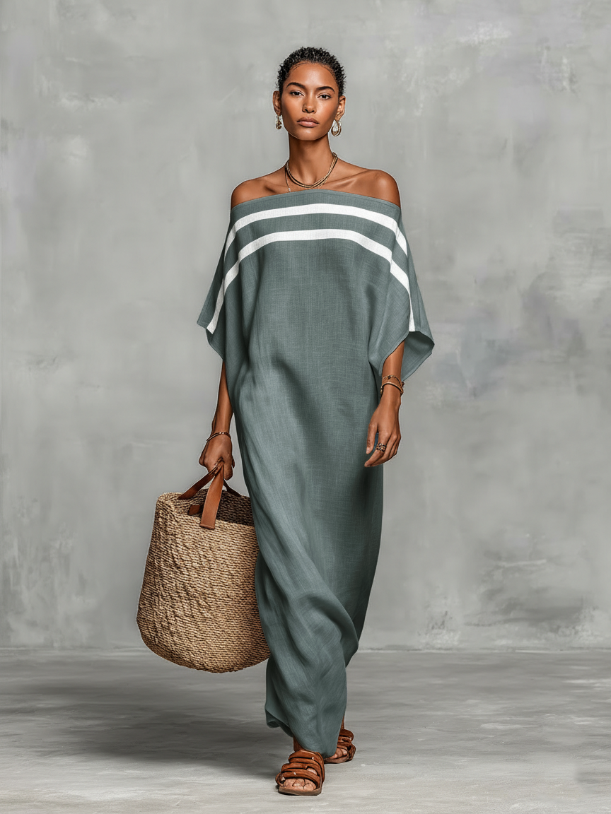 Striped Detail Linen Off-Shoulder Maxi Dress