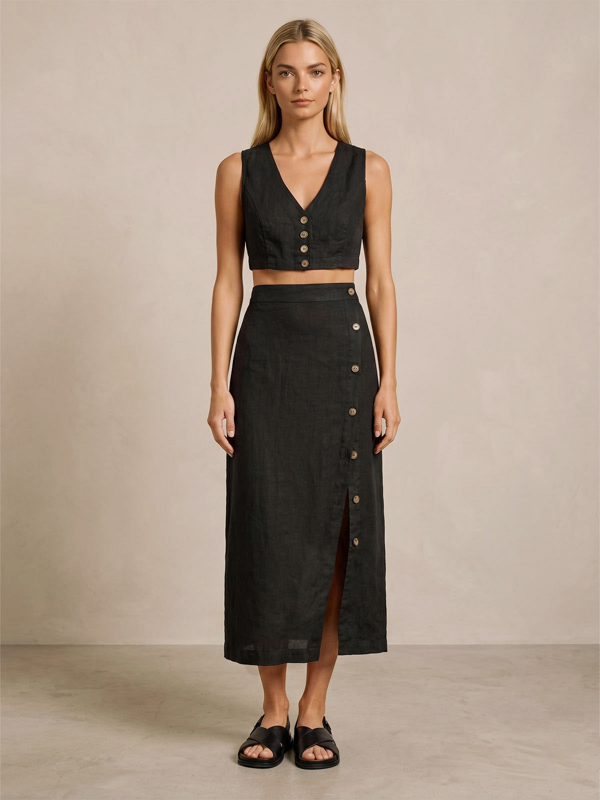 Button Slit Linen Midi Skirt