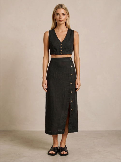 Button Slit Linen Midi Skirt