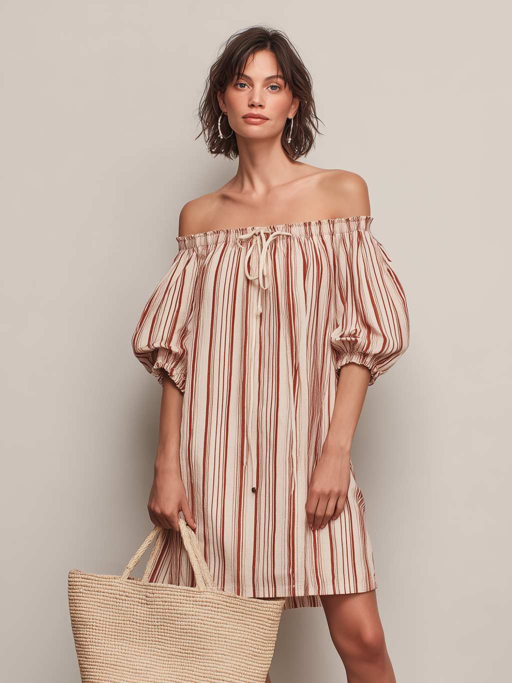 Cotton Striped Off-Shoulder Dress with Puff Sleeves and Drawstring Neckline