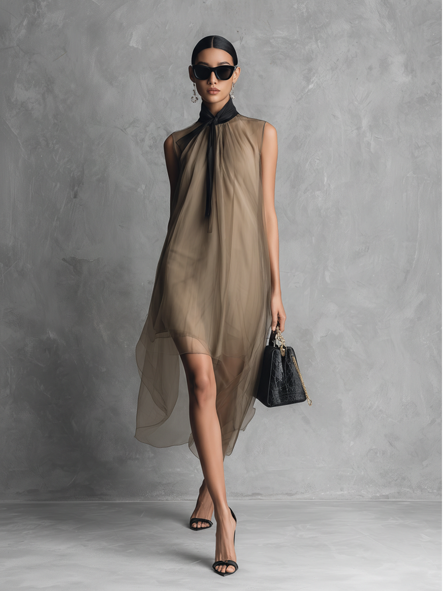 Sheer Chiffon Sleeveless Asymmetric Dress with Neck Tie Detail