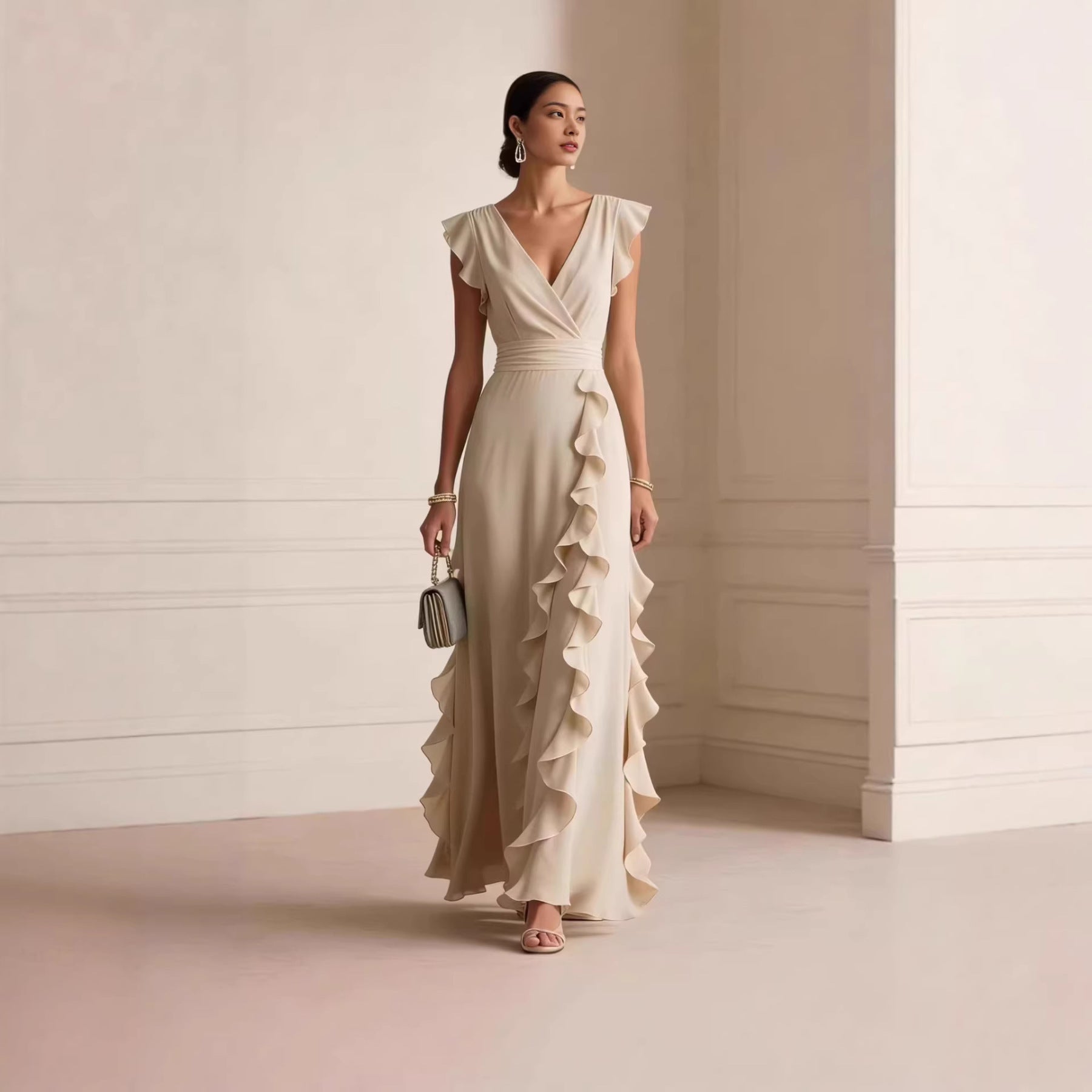 Silk V-Neck Ruffle Wrap Maxi Dress