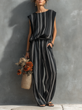 Linen-Blend Striped Jumpsuit for Women - Loose Fit, Sleeveless, Wide Leg, Summer Casual Wear