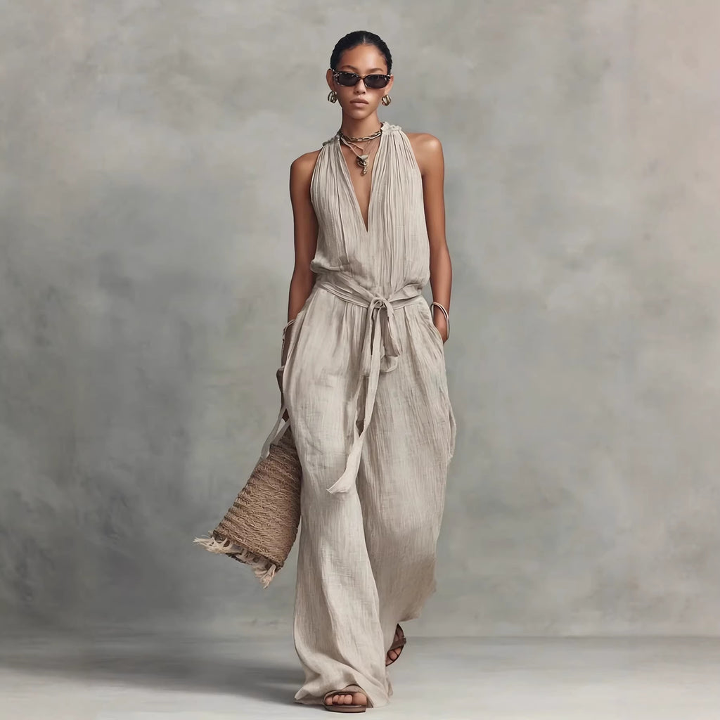 Pleated Halter Neck Belted Jumpsuit