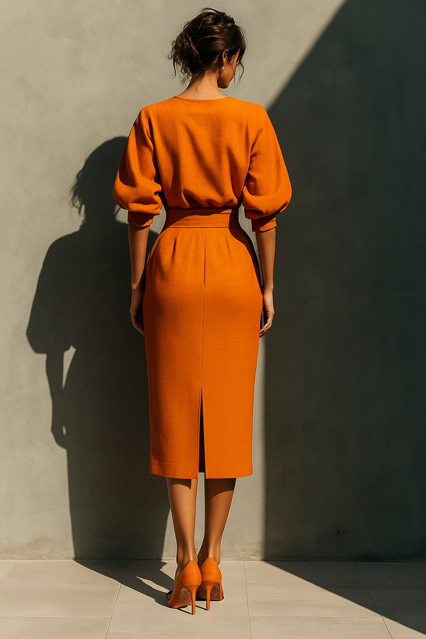 Linen Two-Piece Set Orange Midi Dress with Puff Sleeves and High Waist Skirt