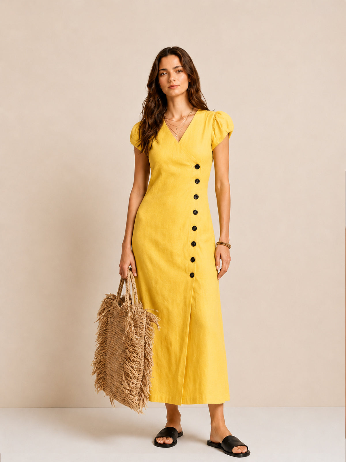Asymmetric Button Puff Sleeve Dress