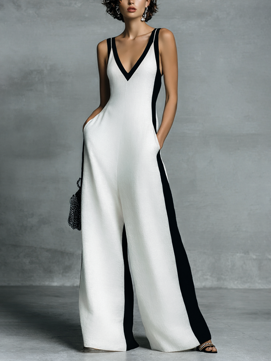 Linen Blend V-Neck Wide Leg Jumpsuit with Black Trim