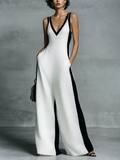 Linen Blend V-Neck Wide Leg Jumpsuit with Black Trim