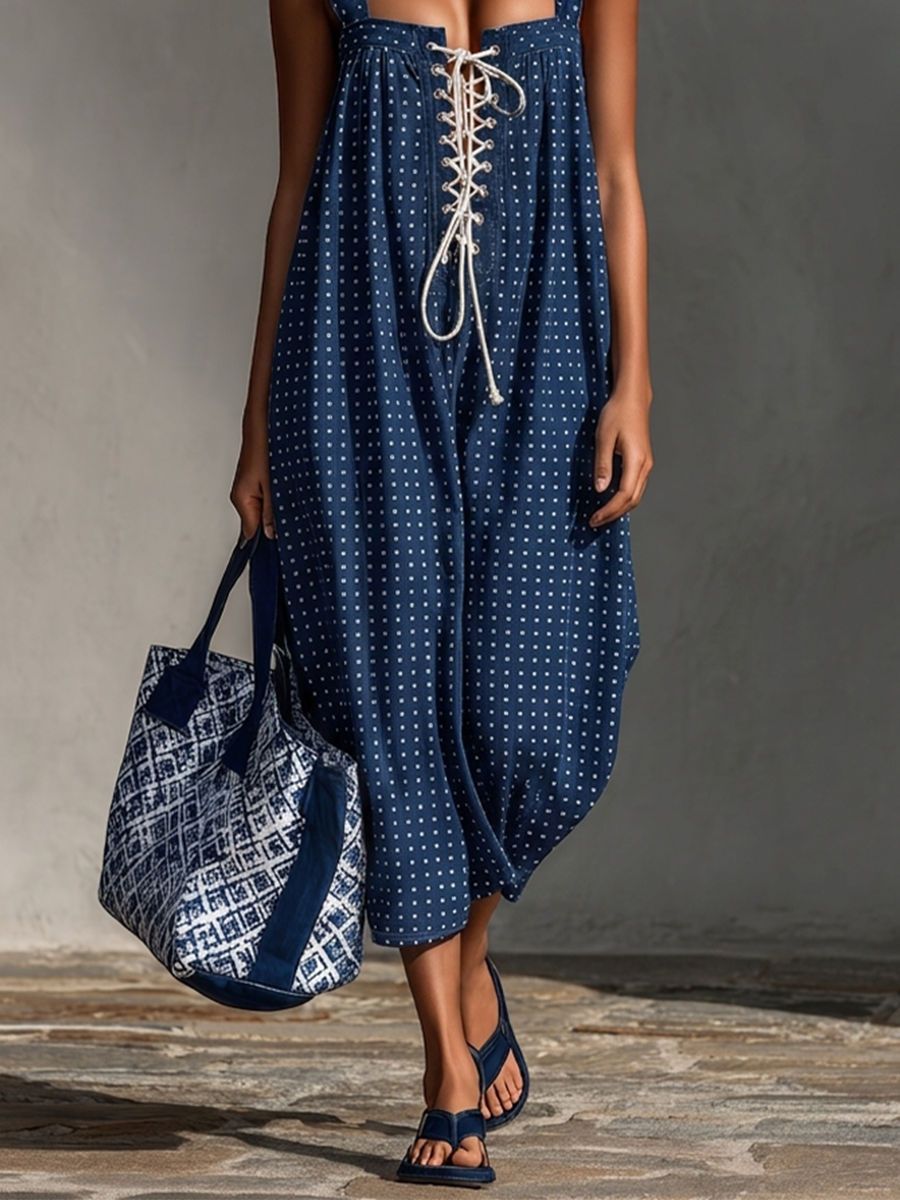 Cotton Polka Dot Maxi Dress with Lace-Up Front and Square Neckline